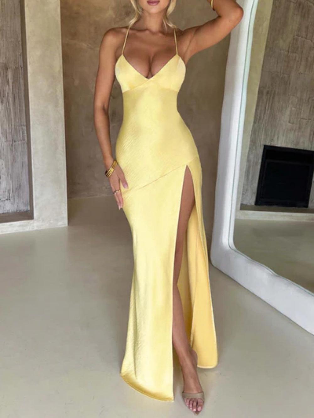 Women's satin maxi dress bias cut plunging neckline lace-up low back thigh-high split