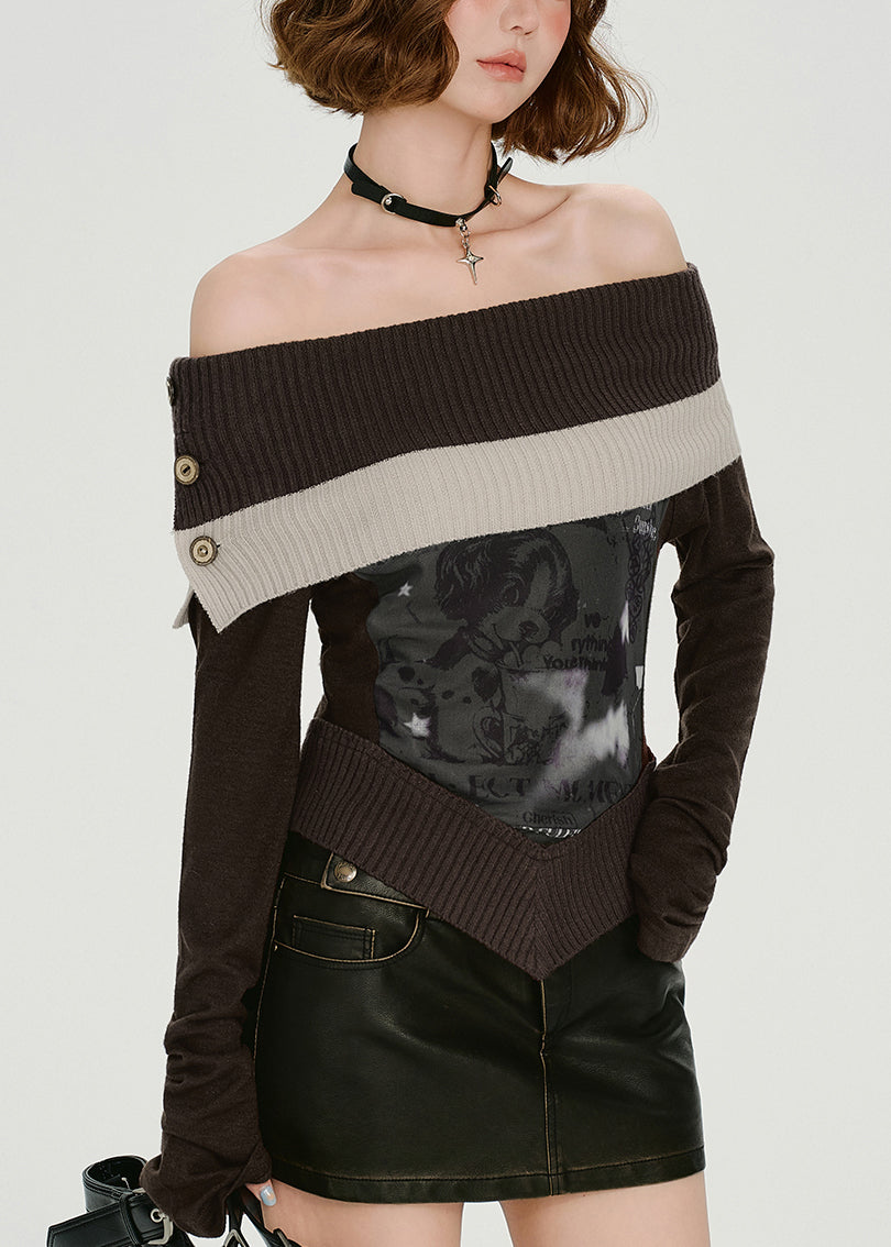 Chemises en maille patchwork à épaules dénudées couleur chocolat italien Printemps - Urbann-Vibe