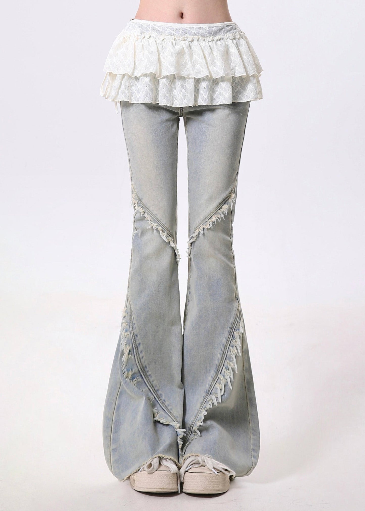 Pantalon en denim bleu clair italien à volants et à franges, style patchwork, à pattes d'éléphant, printemps - Urbann-Vibe