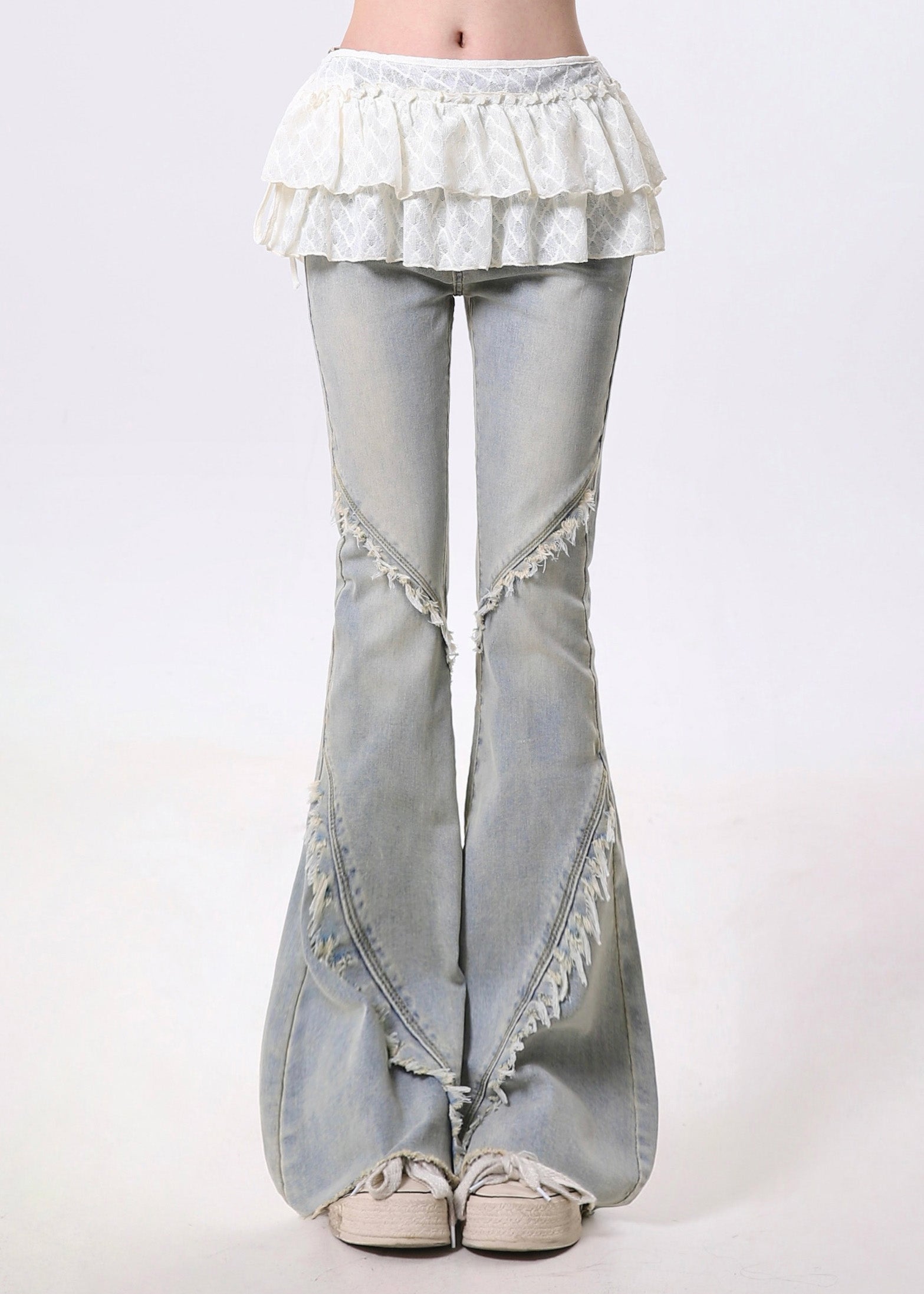 Pantalon en denim bleu clair italien à volants et à franges, style patchwork, à pattes d'éléphant, printemps - Urbann-Vibe