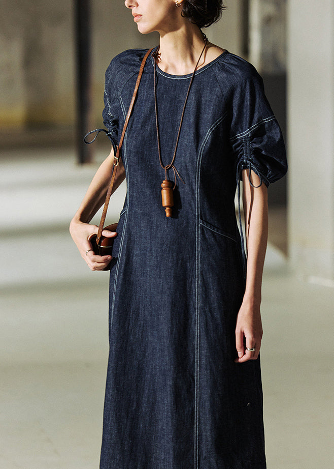 Robe d'été en jean bleu marine italien à col rond et cordon de serrage - Urbann-Vibe