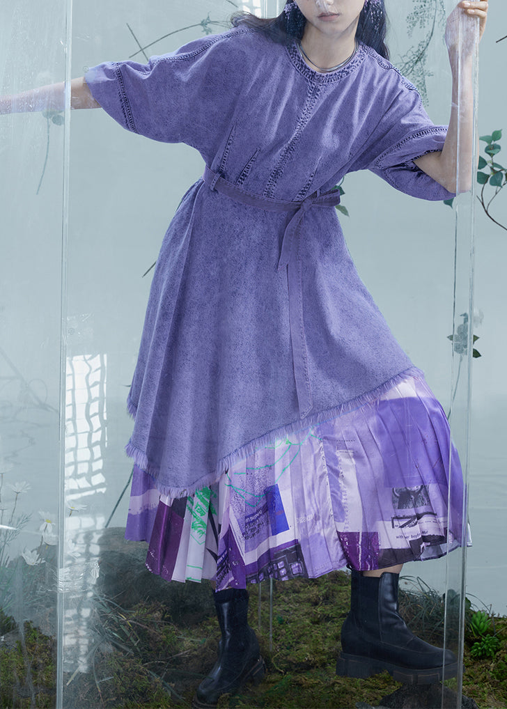 Robe en jean patchwork asymétrique violet italien à manches lanternes - Urbann-Vibe