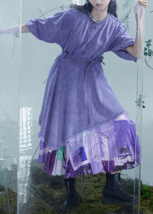 Robe en jean patchwork asymétrique violet italien à manches lanternes - Urbann-Vibe