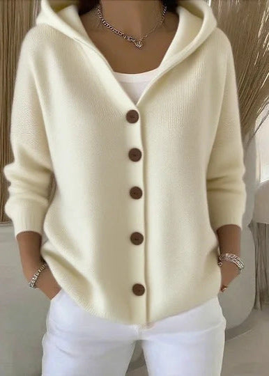 Women's hooded knit cardigan beige minimalist silhouette full button-front with wooden buttons