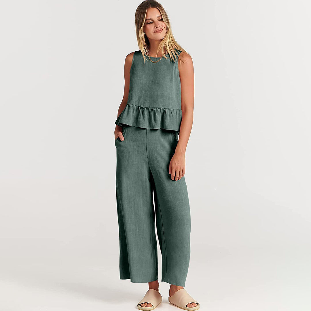 Women's vibrant two-piece set cropped top wide-leg pants bold colorblock summer co-ord