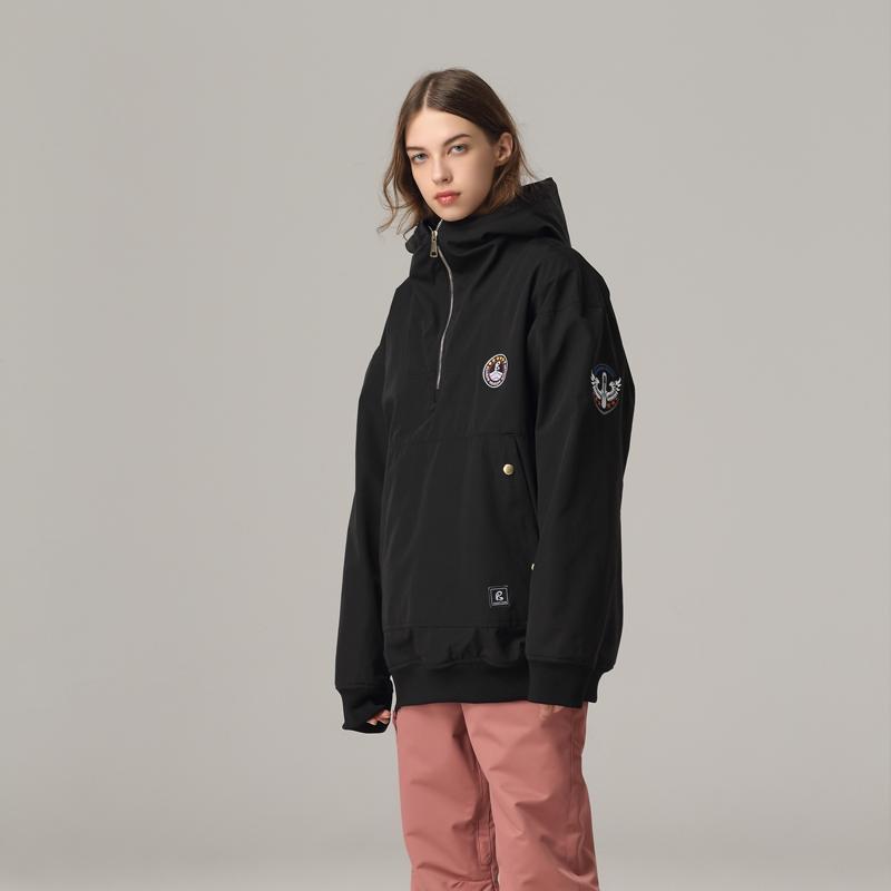 Women's navy blue insulated anorak ski jacket with fleece lining, hooded pullover design, 10K waterproof
