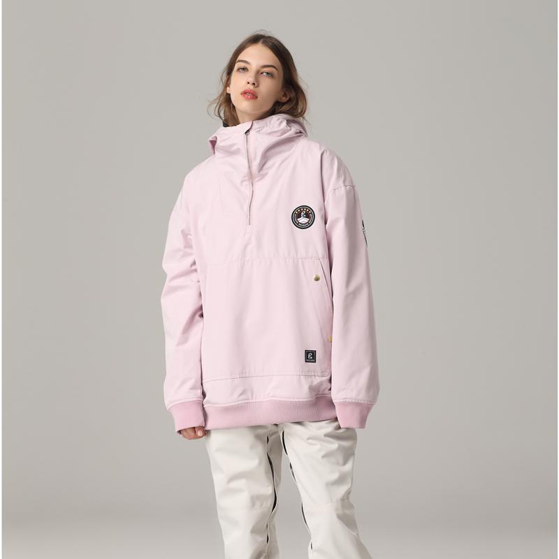 Women's navy blue anorak fleece ski jacket with insulated hood, waterproof 10K breathable snow coat