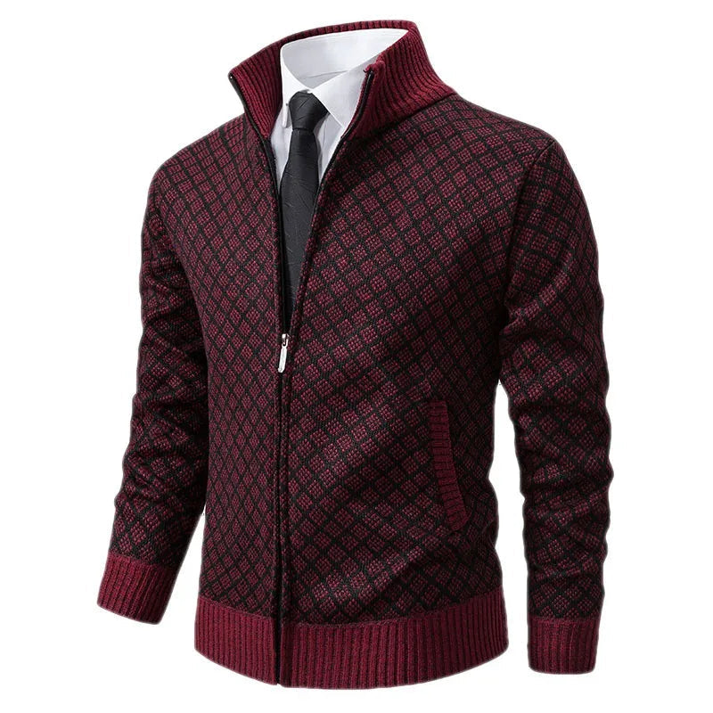 Men's ribbed knit cardigan with zipper front, high collar, versatile layering piece for modern style