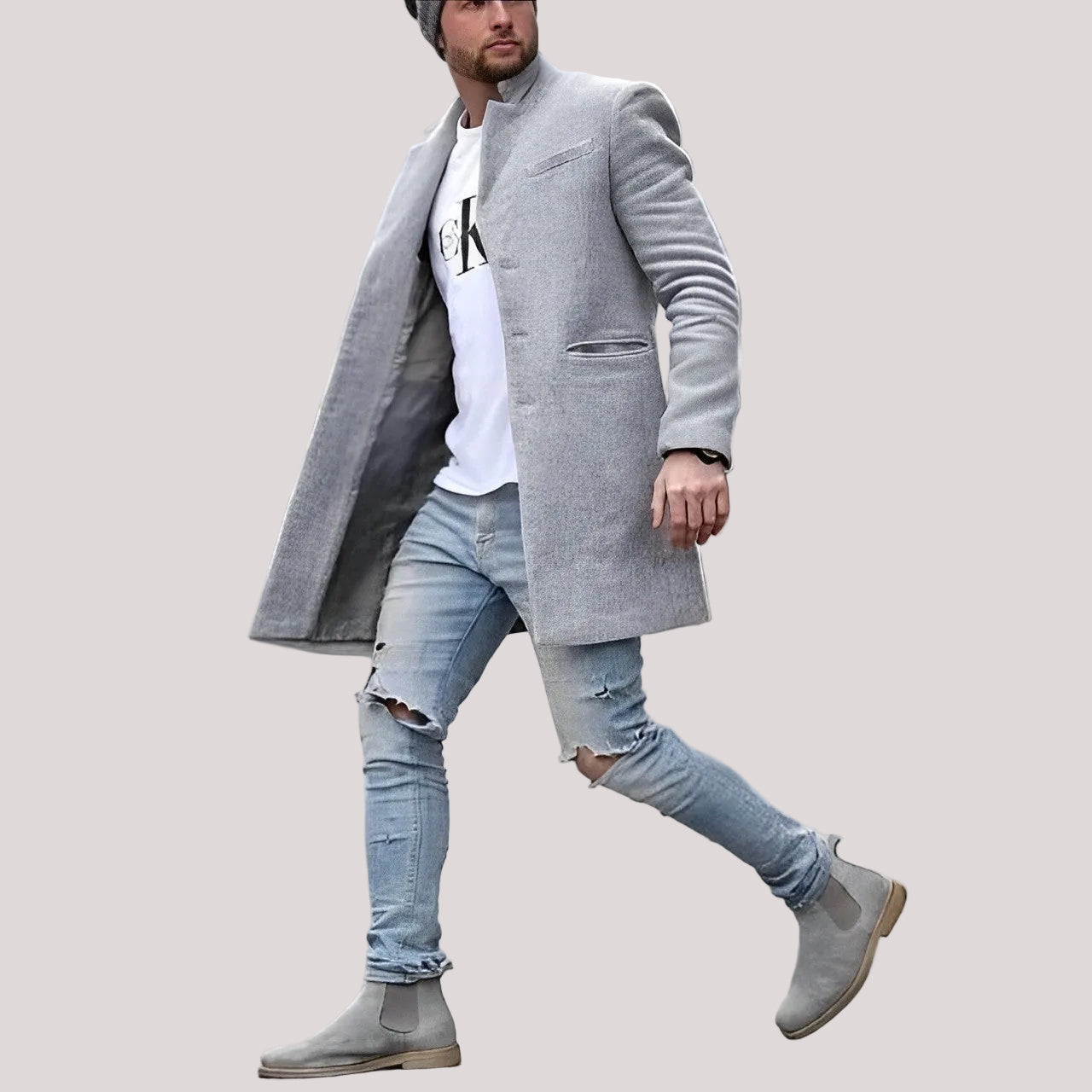 Men's long textured winter coat in neutral tone with structured stand-up collar for cold weather