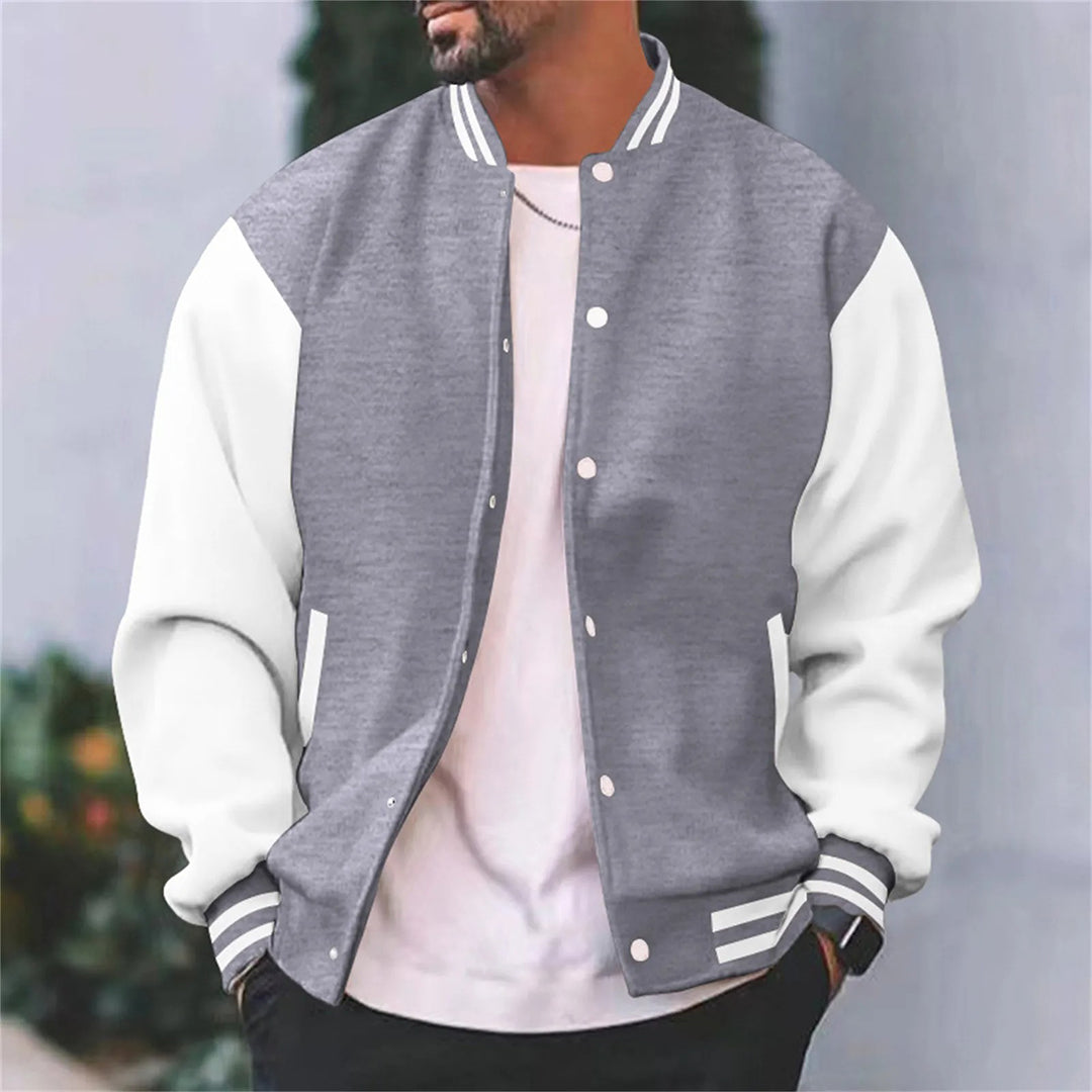 Men's black retro varsity letterman jacket with contrast detailing and modern relaxed fit