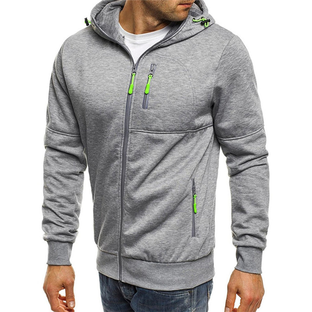 Men's gray zip-up drawstring hoodie sweatshirt with full-front zipper for casual everyday wear