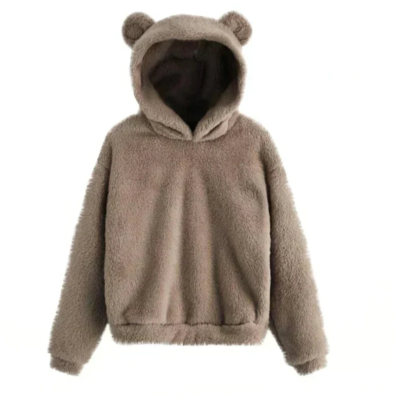 Women's beige plush bear ear hoodie loose fit cozy soft fabric with whimsical hood detail