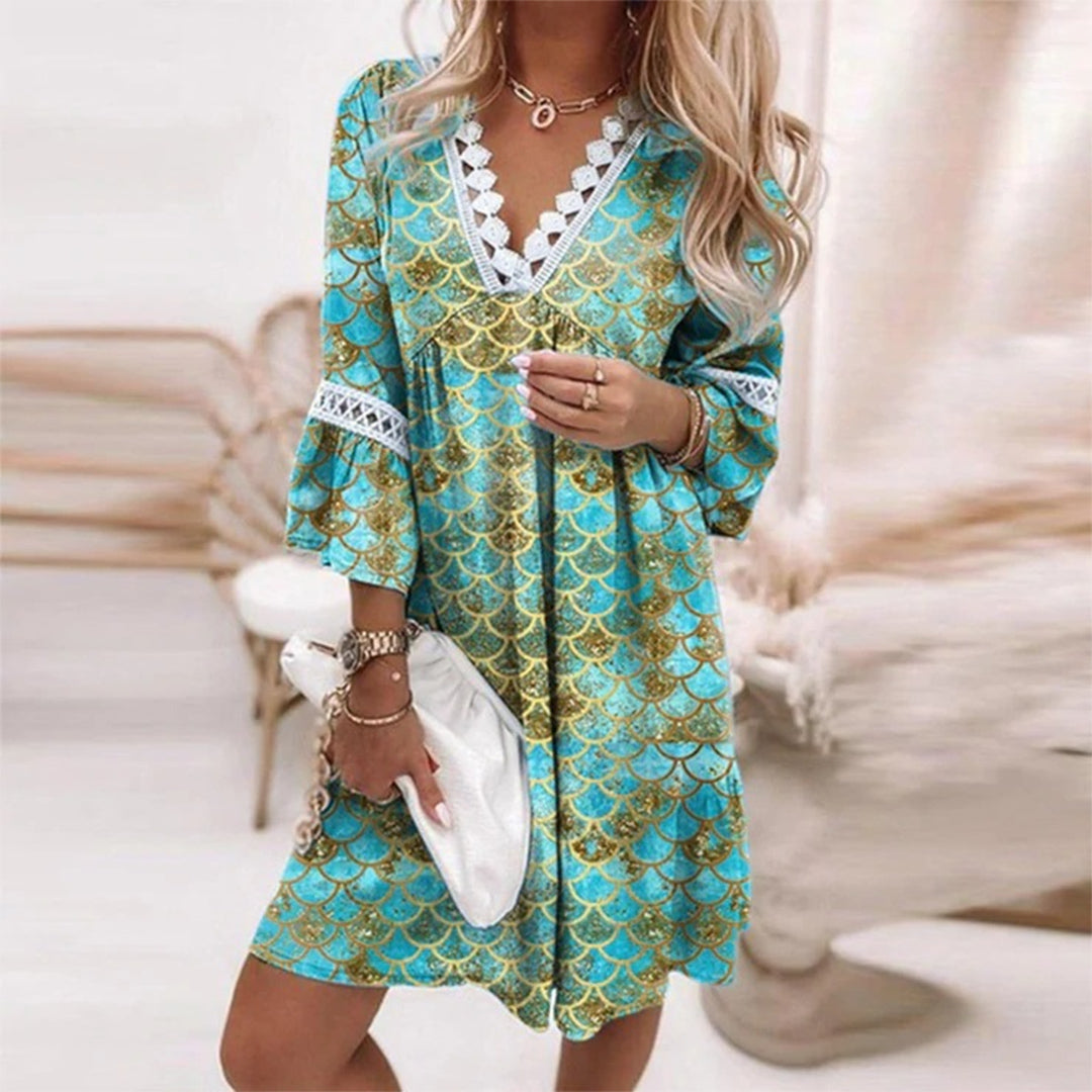 Floral A-line summer dress with lace trim, scalloped V-neck, and breezy bell sleeves