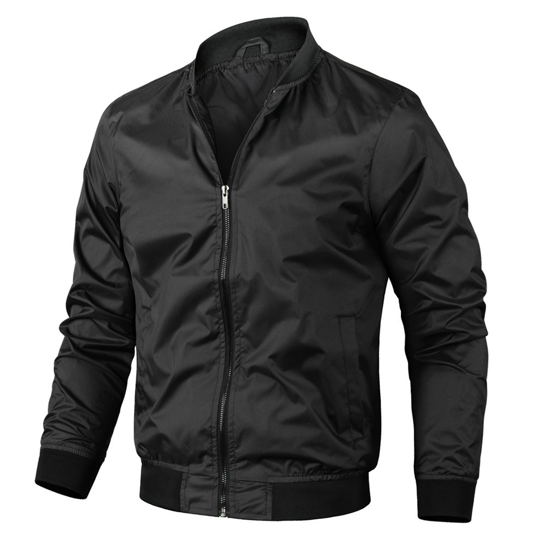 Men's classic bomber jacket in versatile neutral tone with ribbed cuffs, collar, and structured silhouette