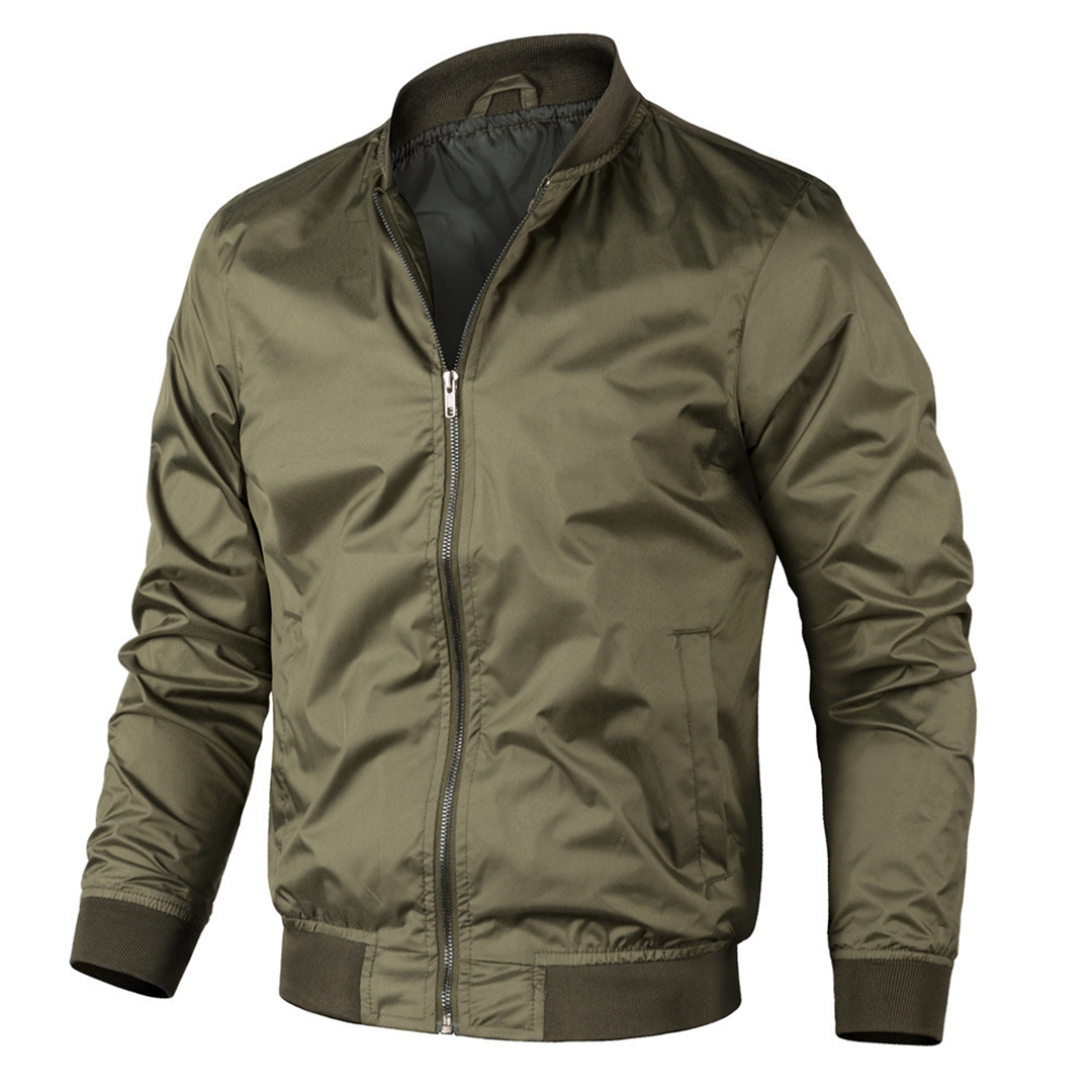 Men's classic navy bomber jacket with ribbed cuffs, collar, and hem for a structured silhouette