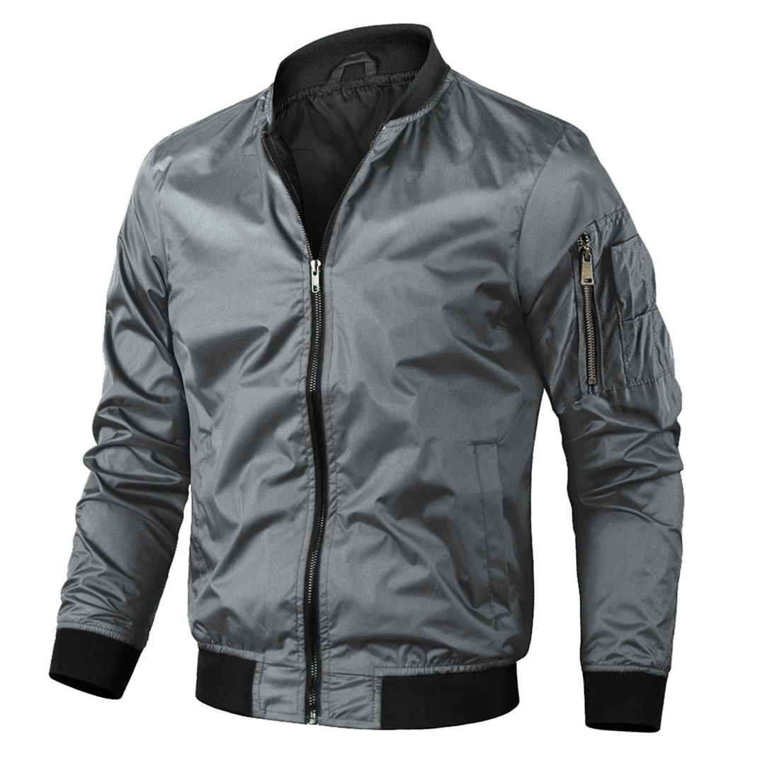 Men's classic bomber jacket neutral tone ribbed cuffs collar hem versatile everyday layering essential