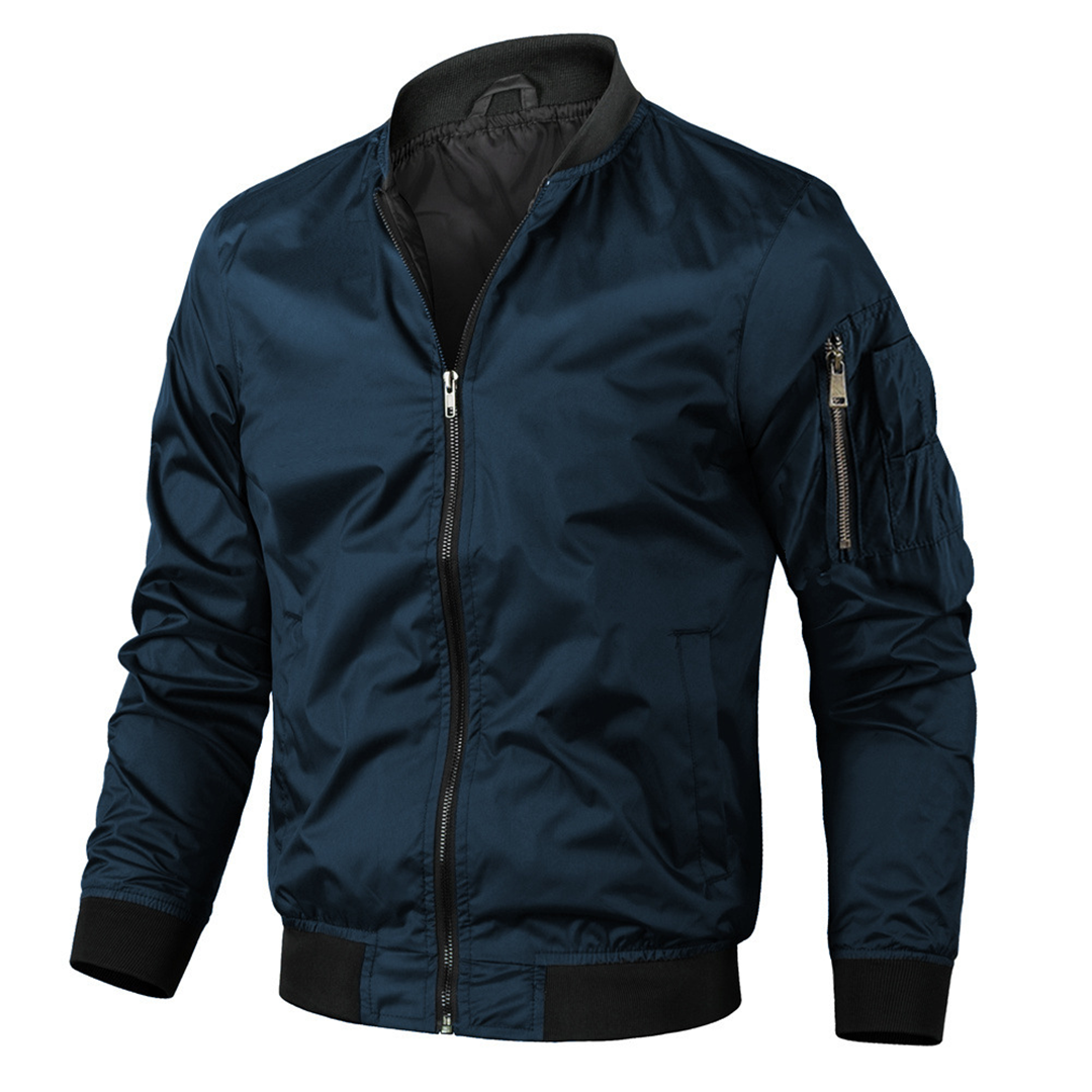 Men's classic navy bomber jacket with ribbed cuffs, collar, and hem for a clean structured silhouette
