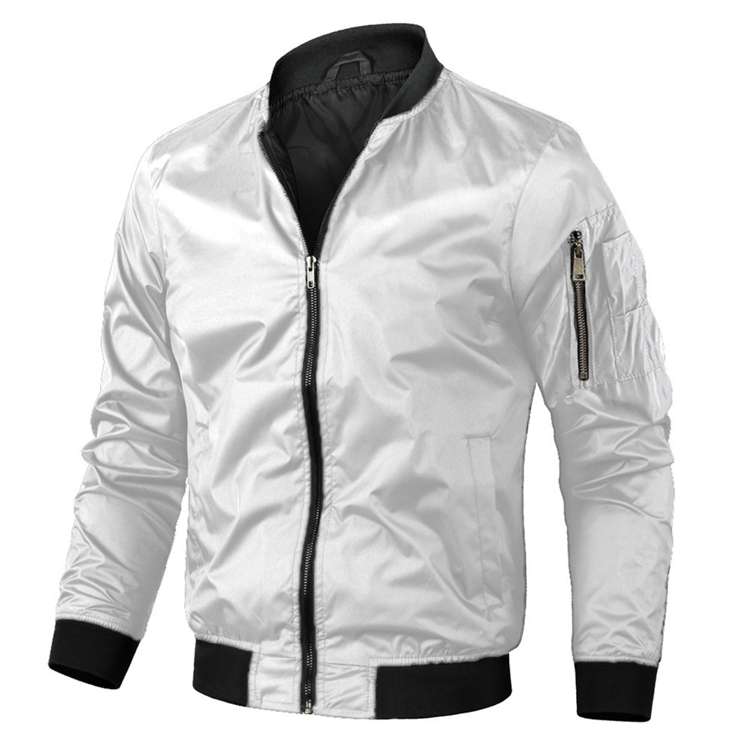 Men's classic bomber jacket in versatile neutral tone with ribbed cuffs, collar, and structured silhouette