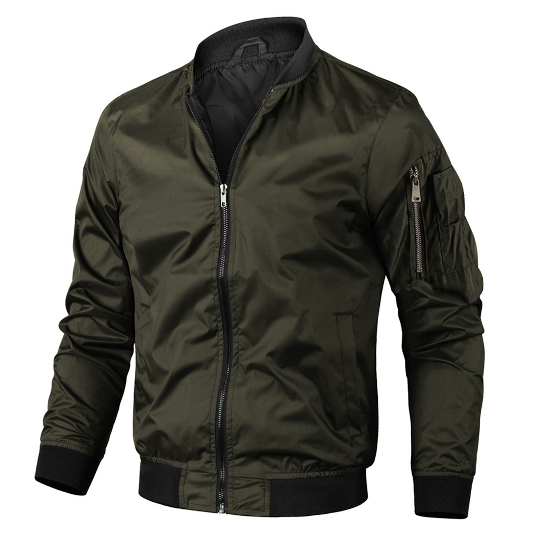 Men's classic bomber jacket in versatile neutral tone with ribbed cuffs, collar, and structured silhouette