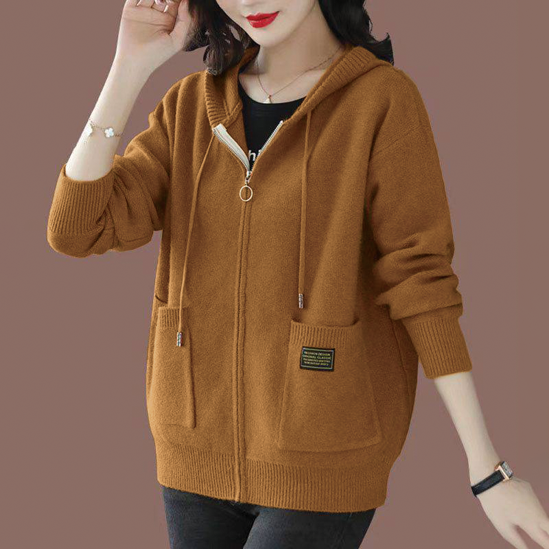 Aria wool zip-up hoodie in neutral tone with adjustable drawstring hood and front pockets