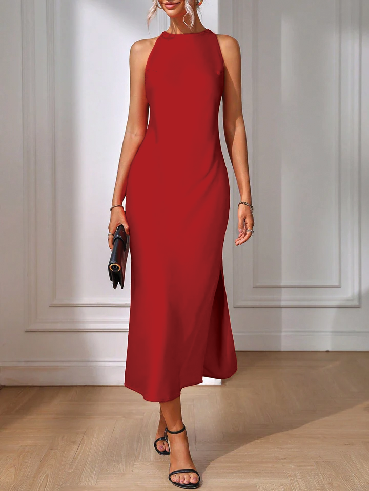 Sleeveless maxi dress with elegant back and side cutouts, round neckline, regular fit for special occasions