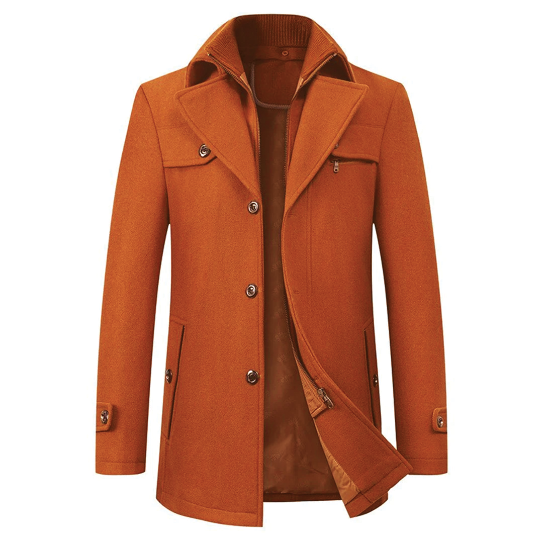 Charcoal wool blend mid-thigh overcoat with modern tailoring and hidden inner zipper layer