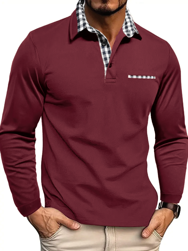 Men's long sleeve polo shirt soft cotton blend subtle check pattern versatile layering casual style