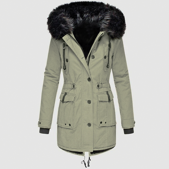 Women's hooded winter jacket with faux fur trim, insulated lining, drawstring waist, structured fit