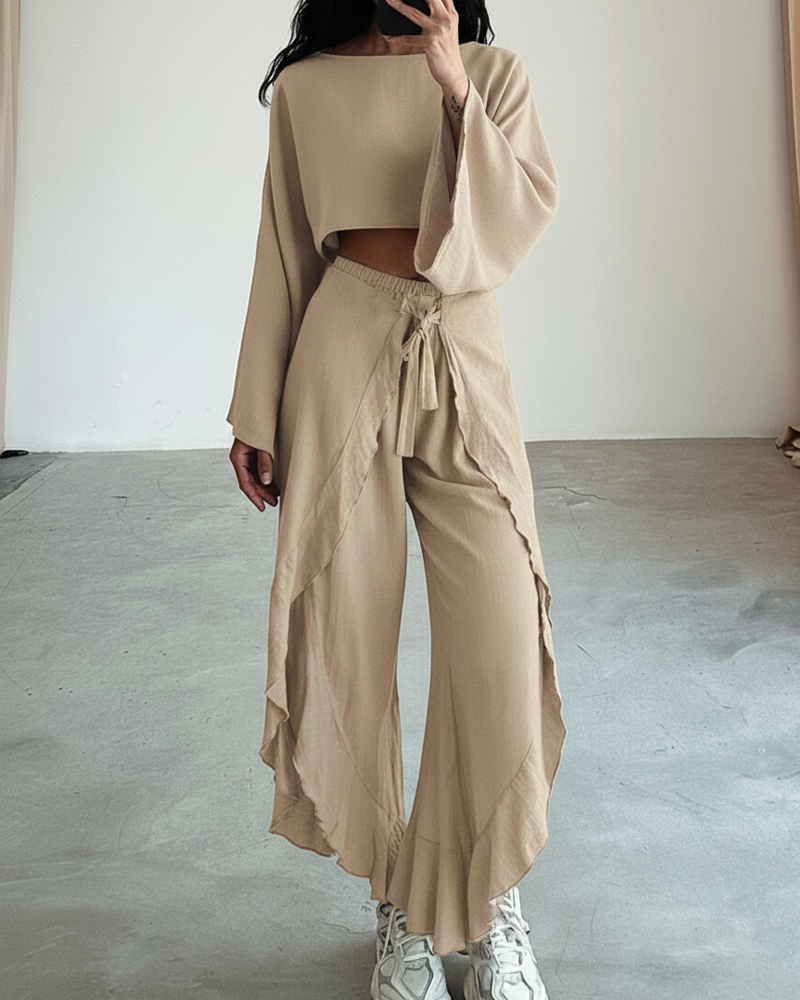 Beige gauze two-piece set cropped wide-sleeve top high-waisted wide-leg pants wrap slit beach style