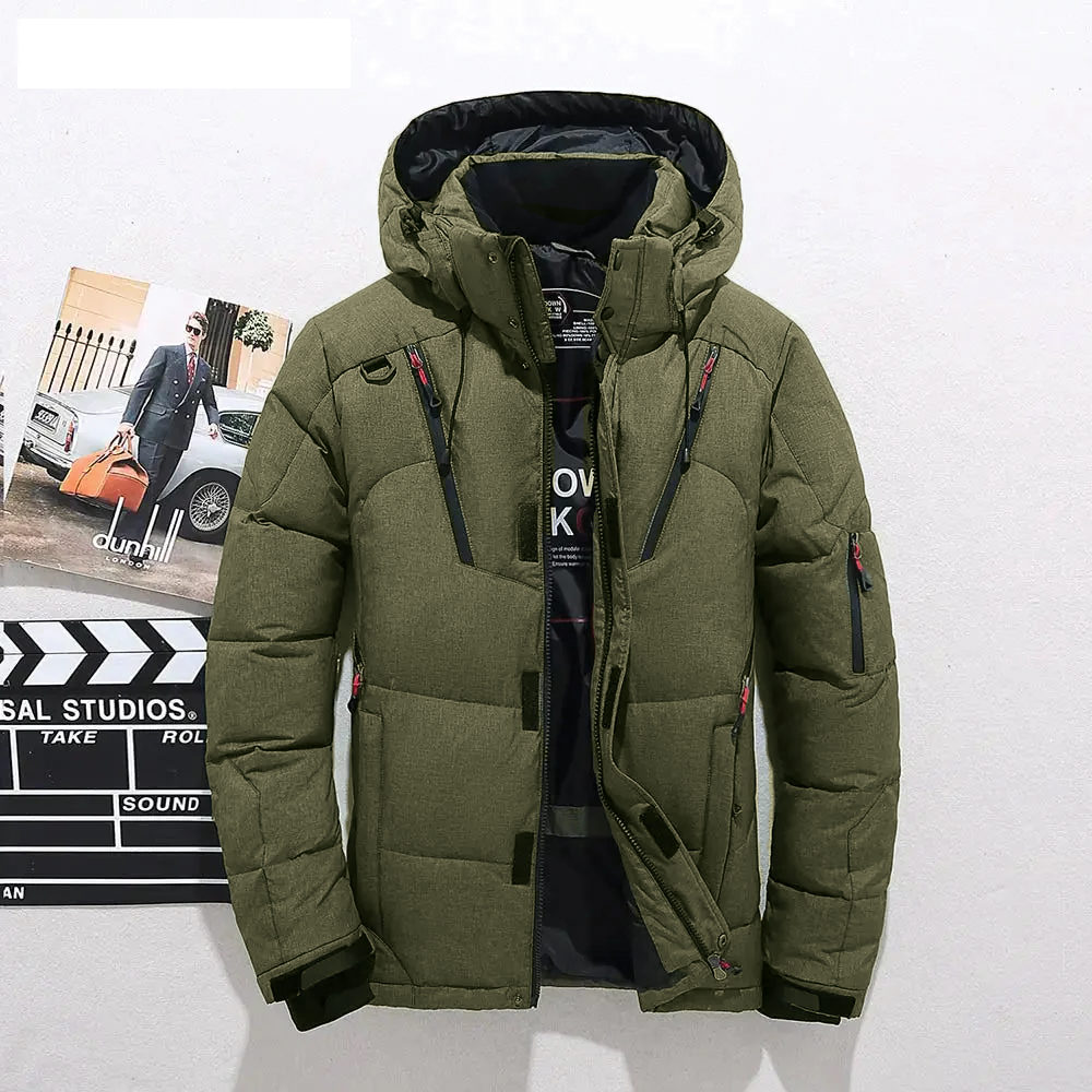 Men's mid-length black puffer jacket with detachable hood, durable polyester shell everyday style