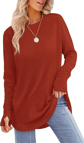 Women's relaxed-fit tunic top in soft cotton blend with thumb hole cuffs for everyday comfort