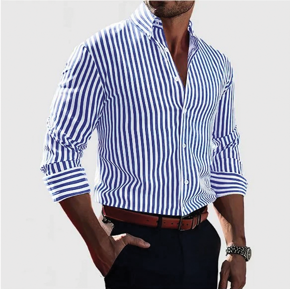 Men's slim fit button-up shirt classic collar vertical stripes breathable everyday style