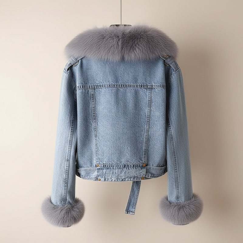 Women's cropped denim jacket faux fur lining belted waist winter chic blue cotton blend