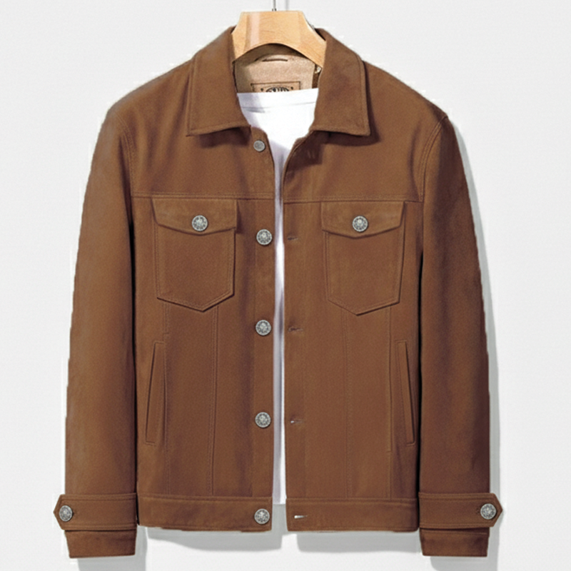 Men's brown premium suede tailored jacket with sophisticated finish for versatile layering