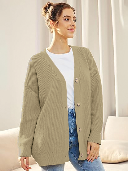 Women's oversized knit button cardigan cozy layering essential with ribbed details in neutral tones