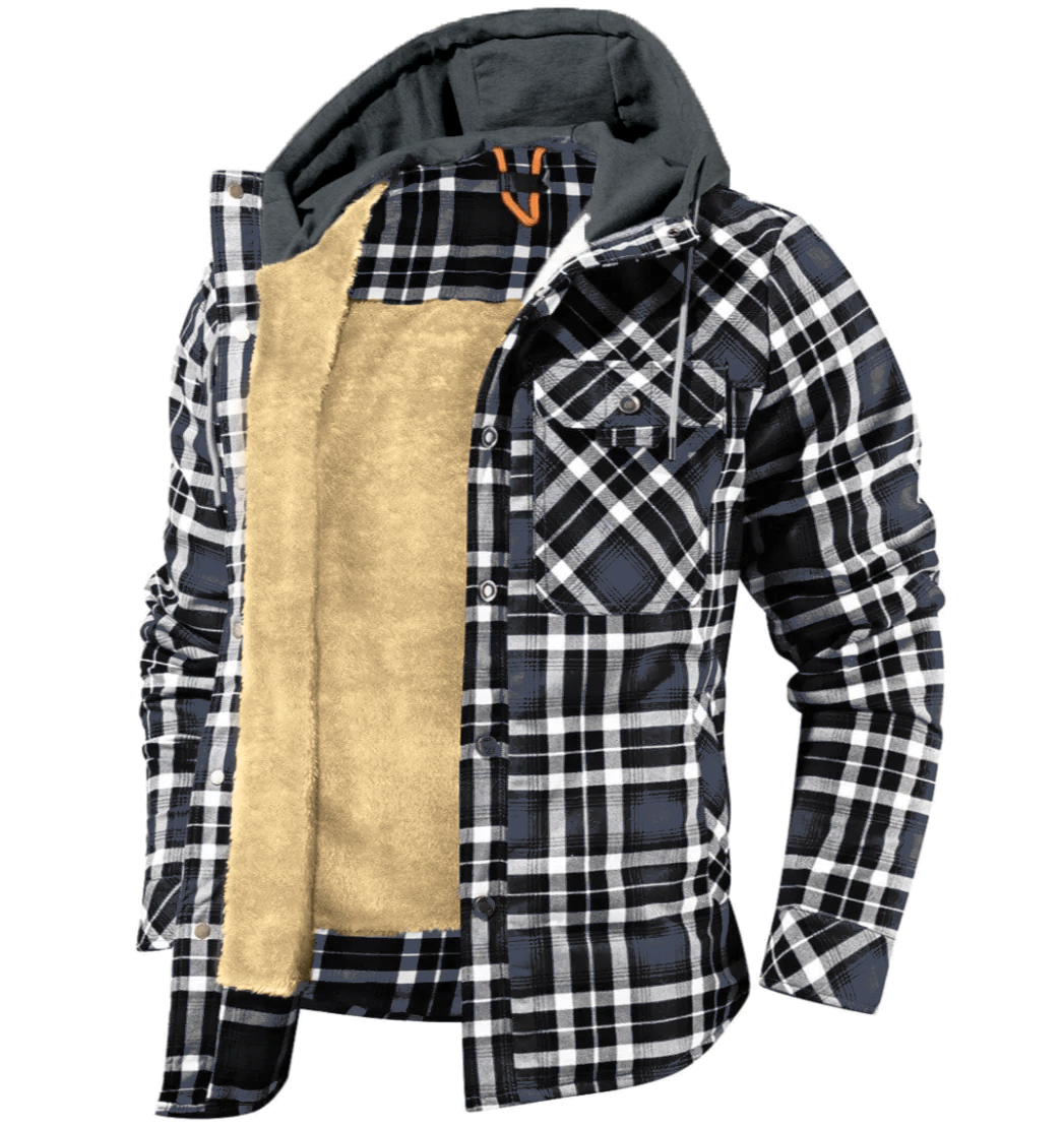 Men's plaid hoodie jacket fleece-lined button-up in bold rugged pattern for casual warmth