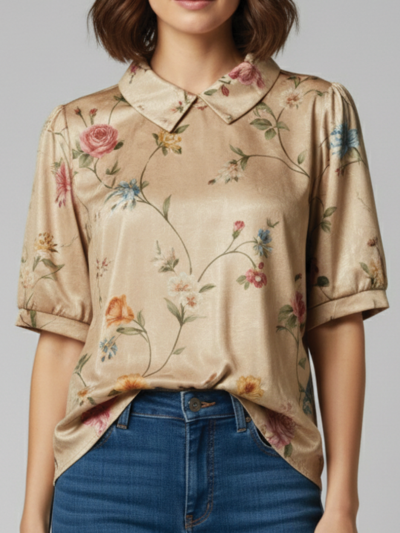 Women's white collared short sleeve blouse relaxed fit gathered sleeves curved hem office ready