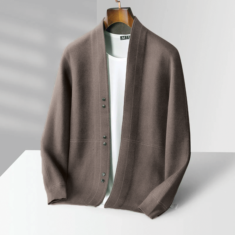 Men's gray wool blend cardigan relaxed fit button closure timeless layering essential
