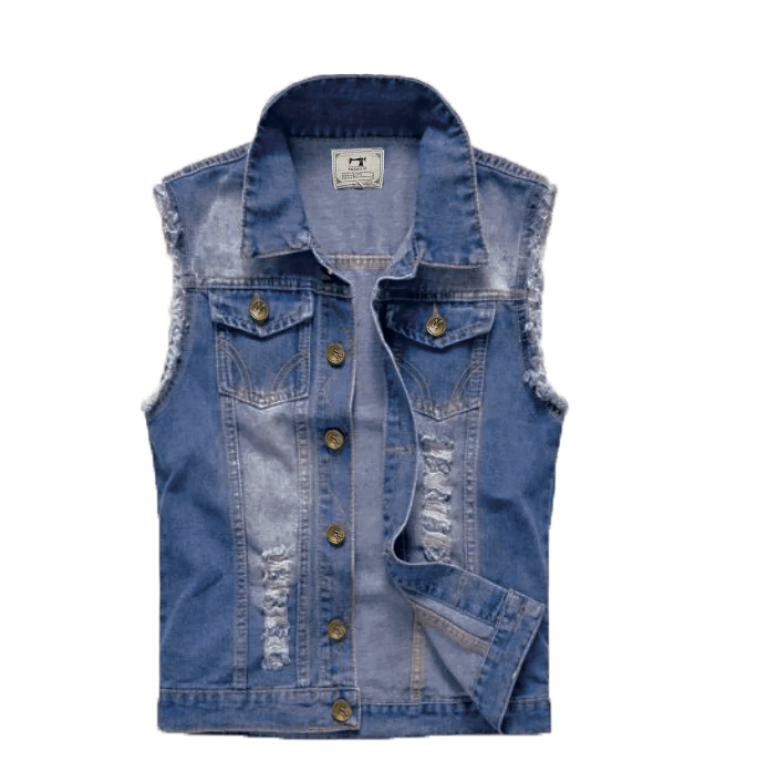Men's vintage washed denim vest sleeveless lightweight layering piece in faded blue