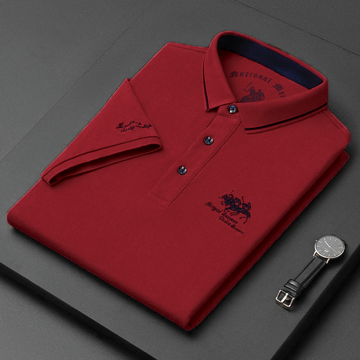Men's navy blue relaxed fit polo shirt breathable cotton classic collar embroidered logo