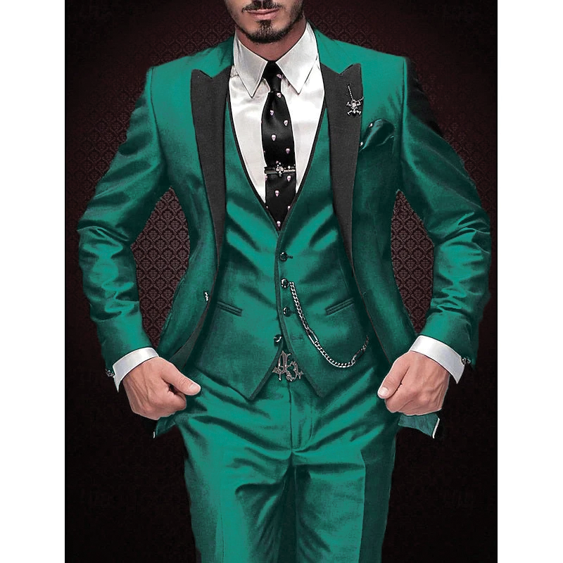 Men's slim-fit linen three-piece suit in neutral tone, blazer vest trousers set for weddings