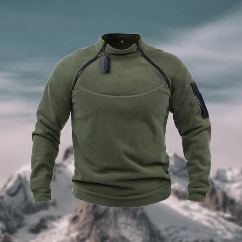 Men's gray tactical fleece pullover lightweight wind-resistant with zip sleeve pocket