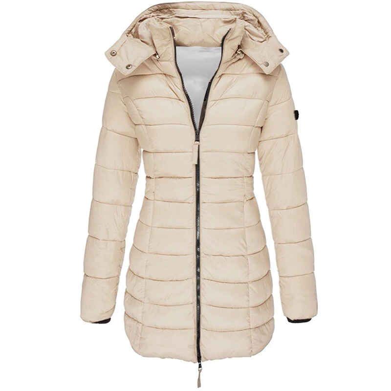 Women's slim-fit mid-thigh puffer jacket with detachable hood, lightweight insulation, sleek silhouette
