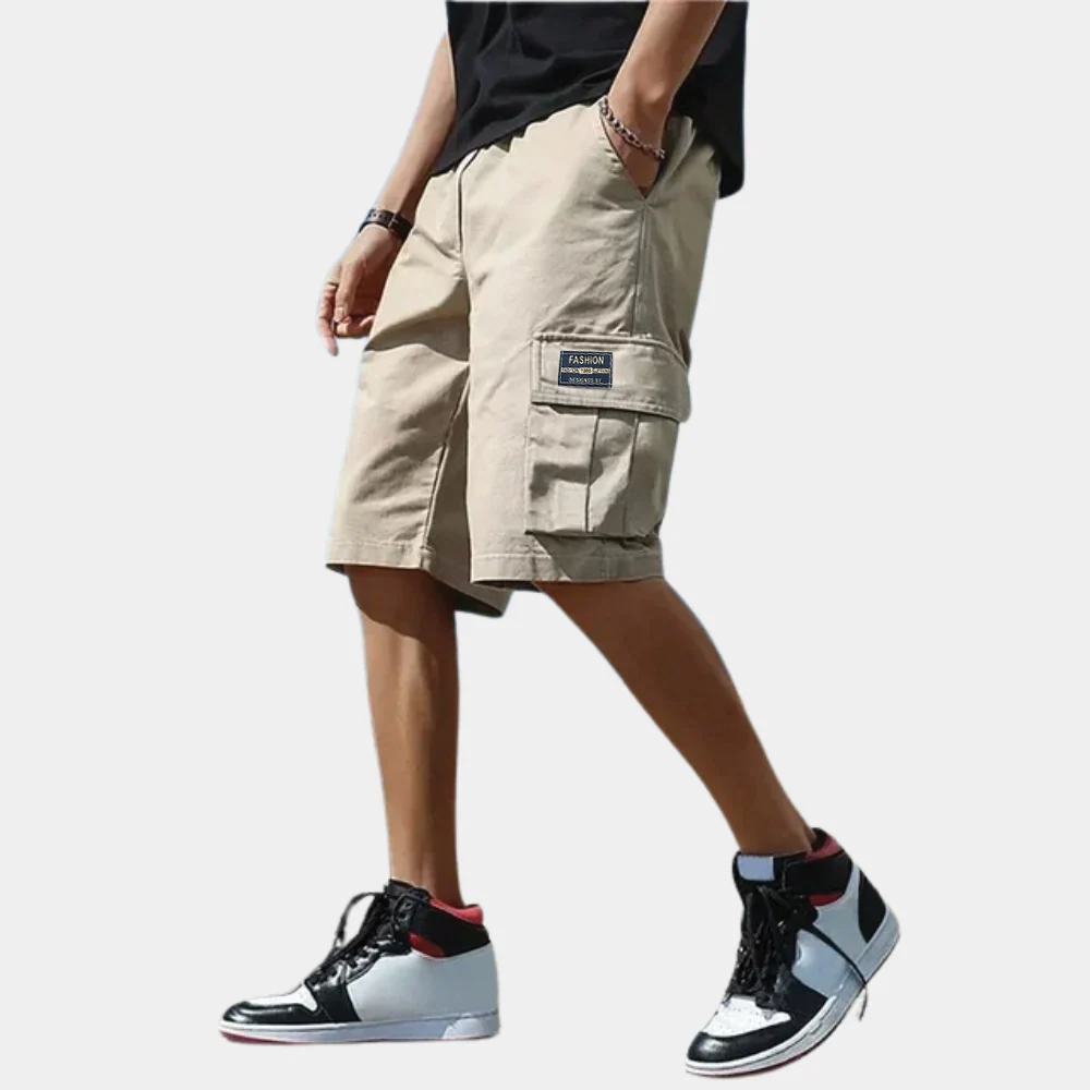 Men's khaki relaxed fit cargo shorts knee-length cotton blend with multi-pocket streetwear design