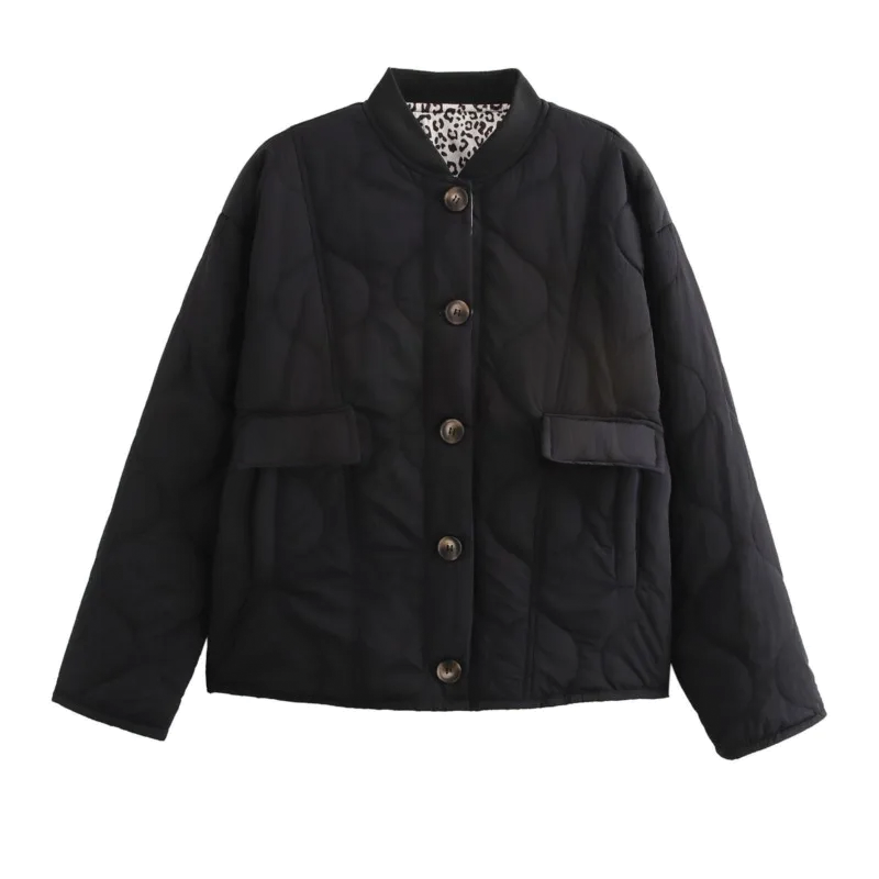Women's padded cotton jacket beige leopard print patchwork sleeves cozy fall winter style