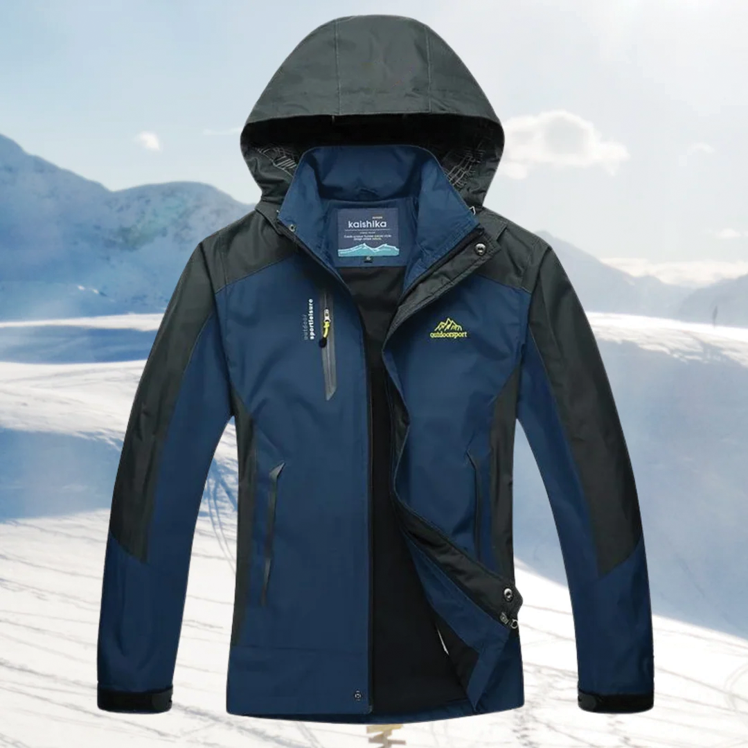 Men's waterproof windproof ski jacket with adjustable hood, multiple pockets, winter outdoor style