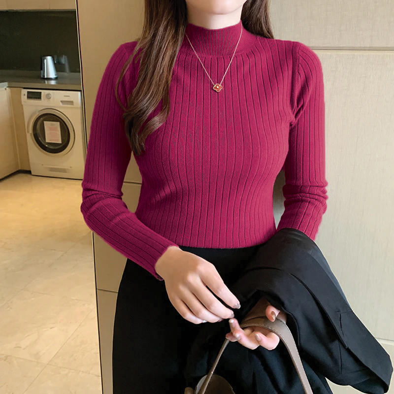 Women's fitted ribbed turtleneck top in cozy viscose knit, sleek fall winter essential