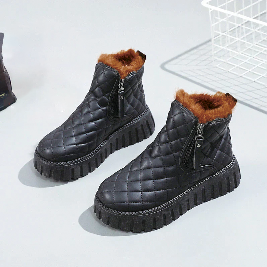 Women's checkered ankle boots with warm fur lining, bold pattern, side zip closure for all-day comfort