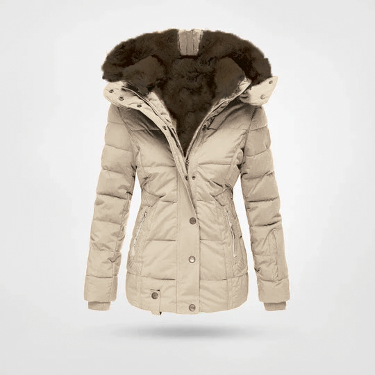 Women's black padded hooded jacket slim feminine silhouette with faux fur-lined hood