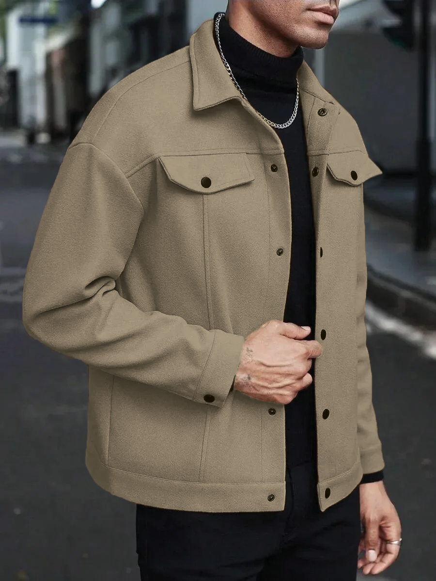 Men's wool blend jacket charcoal tailored fit with modern stand collar for autumn winter